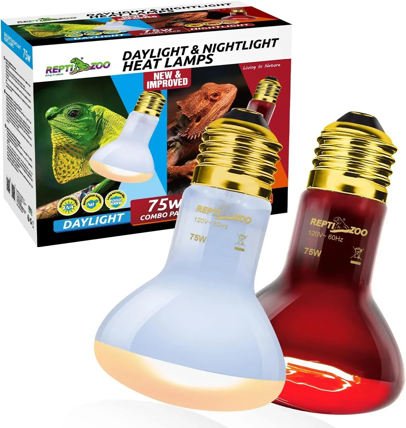 75W Reptile Heat Lamp Bulb 2PCS UVA Daylight & Infrared Night Basking E26